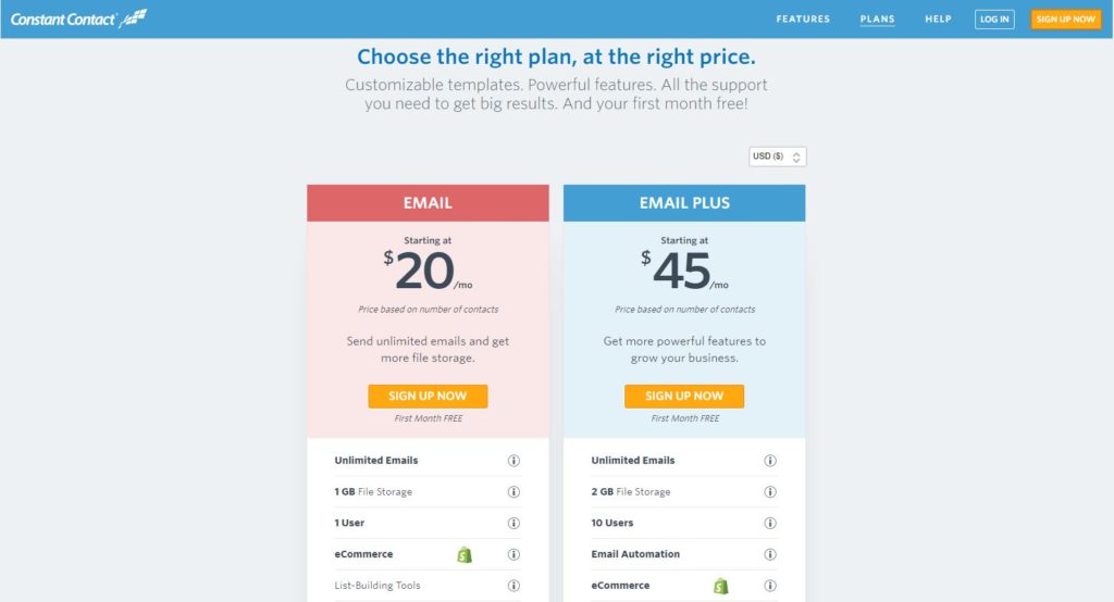 Constant Contact pricing homepage