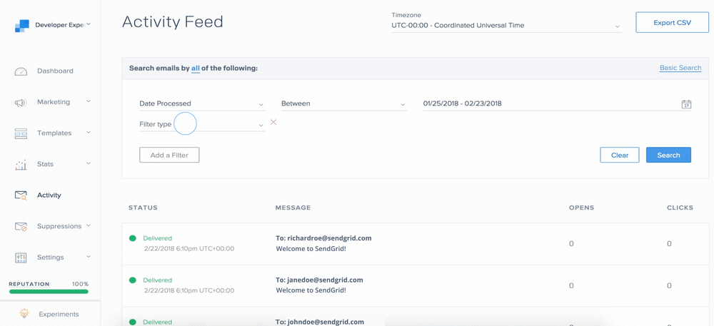 Sendgrid activity feed